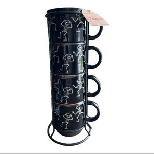 SIGNATURE 🎃 NEW DANCING SKELETON MUGS & RACK 4 set halloween goth bones